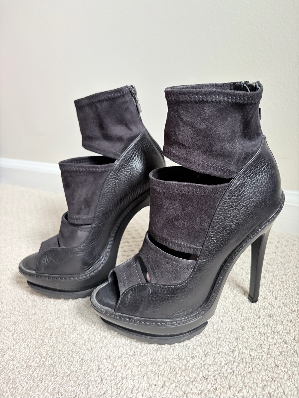 Hervé Léger Black Leather Suede Platform Booties EU 37
